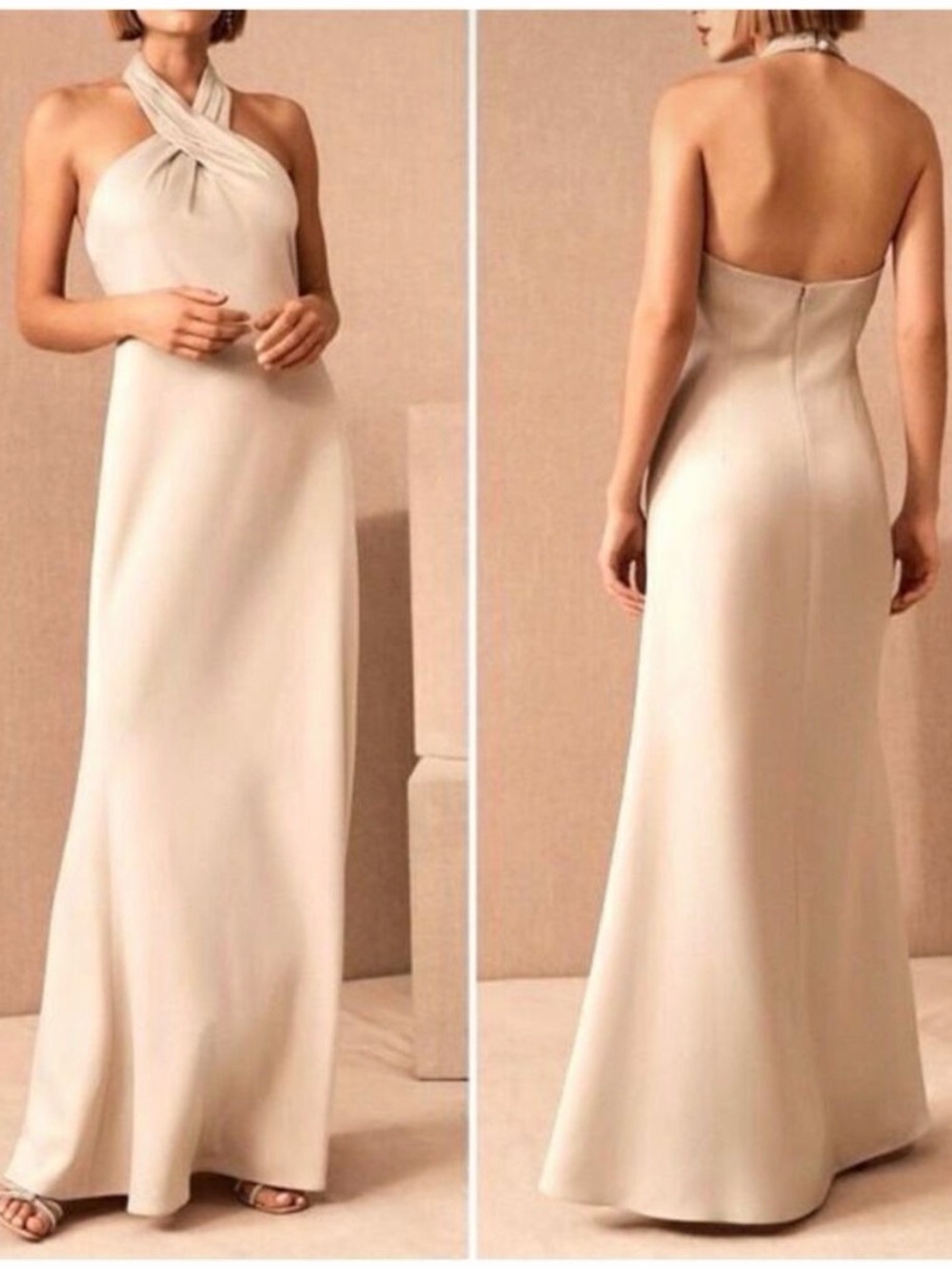 BHLDN RUBY TWIST HALTER SATIN GOWN Champagne | Backless Halter Maxi Dress